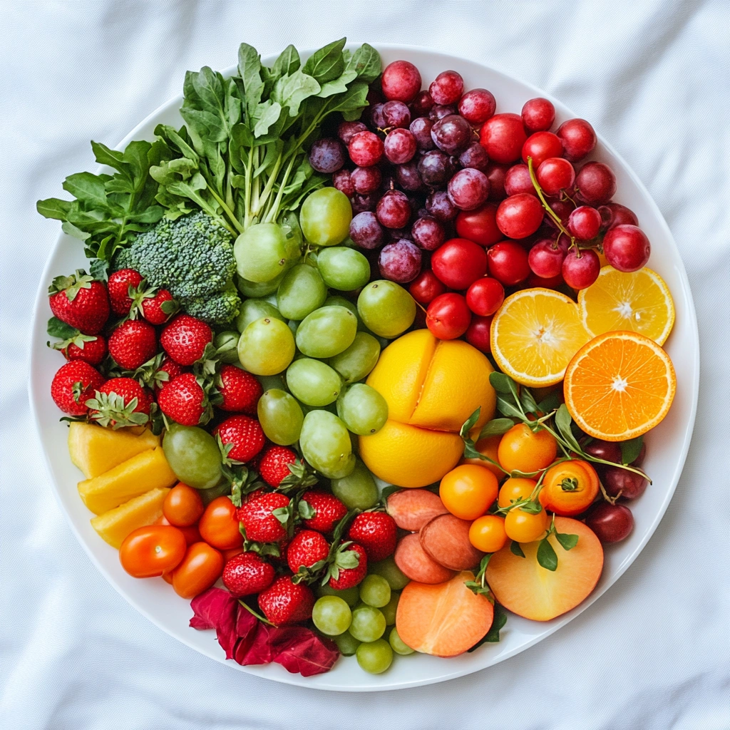 Кругова композиція зі свіжих фруктів та овочів для здорового харчування